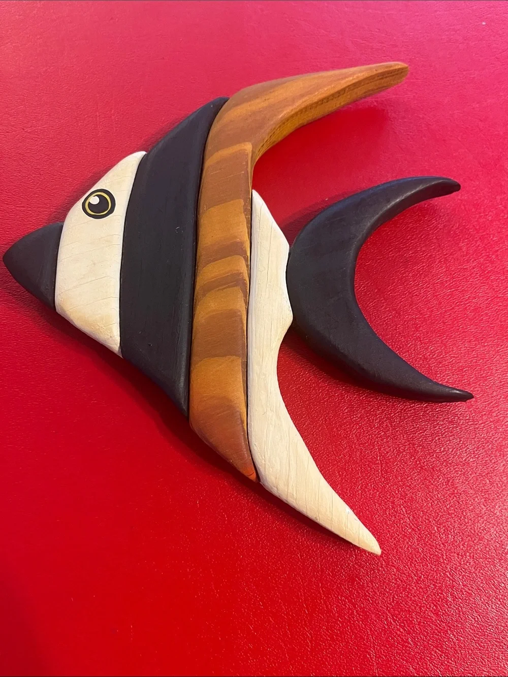 Handcrafted Wooden Fish Wall Decor - Black, White & Brown 7.25”x8”